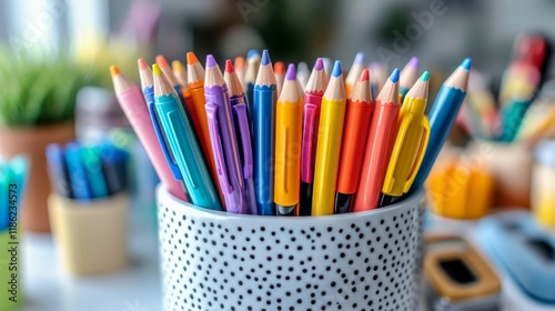 Colorful assortment of writing instruments arranged neatly on a flat surface