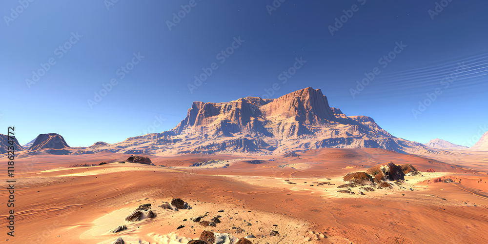 Fototapeta premium red desert mountains of Mars, with a clear blue sky in the background, emphasizes the grandeur of scale and the stark beauty of the alien landscape.