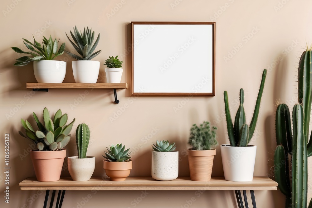 Fototapeta premium living room with vintage retro shelf, a lot of house plants