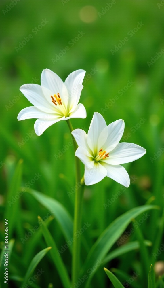 Delicate white lilies on a lush green grassy field, blooming flowers, garden, spring flowers Delicate white lilies on a lush green grassy field, blooming flowers, garden, spring flowers
