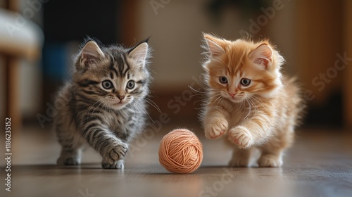 Two playful kittens chase a yarn ball on a cozy living room carpet