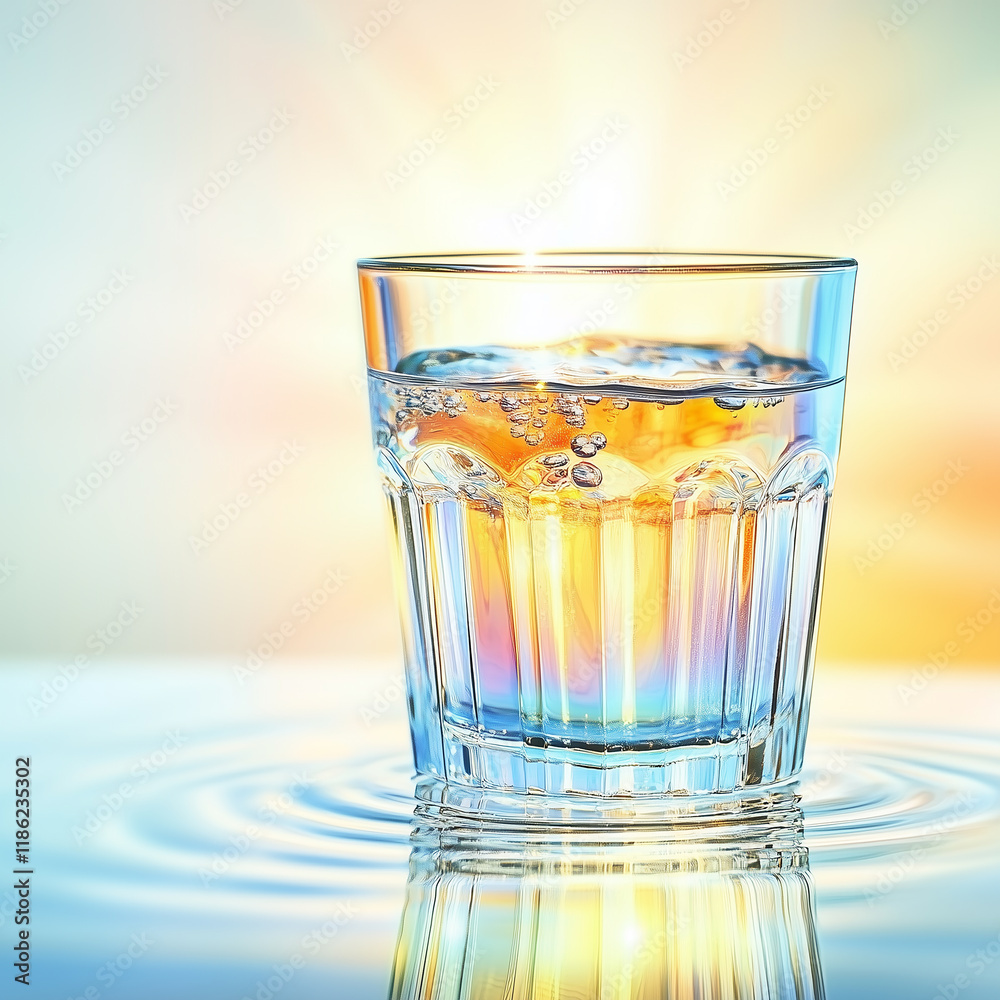 Patterned glass tumbler on a soft blue surface, with reflections. Patterned glass tumbler on a soft blue surface, with reflections.