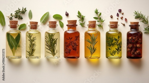 Assorted herbal oils and spices arranged on a dark surface showcasing vibrant...