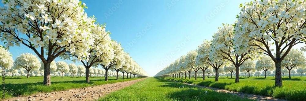 Rows of almond trees with white flowers against a bright blue sky, plantation, white flower Rows of almond trees with white flowers against a bright blue sky, plantation, white flower