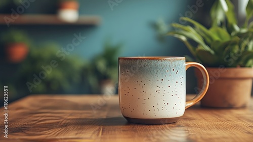 Ceramic coffee mug on a wooden table with a blurred background plant in a coz...