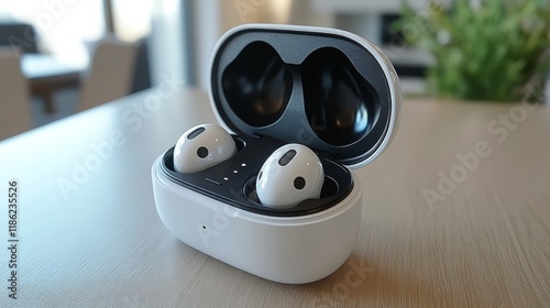 Wireless earbuds charging in a sleek case on a wooden table in a modern livin...