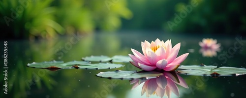 Softly glowing water lilies float on river surface, aquatic life, greenery, calm