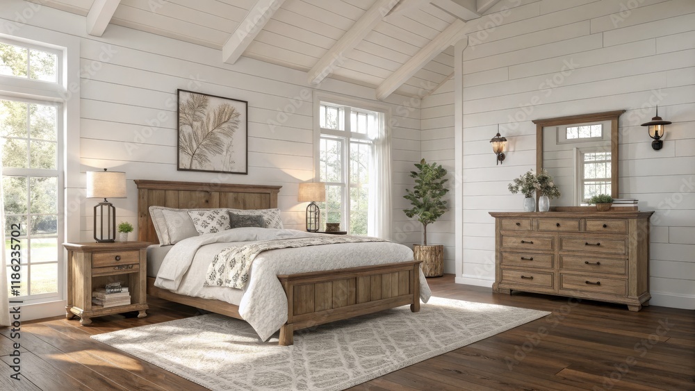 Obraz premium Rustic Farmhouse Bedroom Wooden Bed, Dresser, and Wall Decor, Farmhouse Bedroom Decor, Bedroom Design Farmhouse, Bedroom
