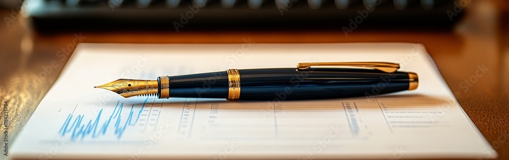 Luxury fountain pen on a financial report with blue charts. Ideal for business, finance, and professional themes. Luxury fountain pen on a financial report with blue charts. Ideal for business, finance, and professional themes.