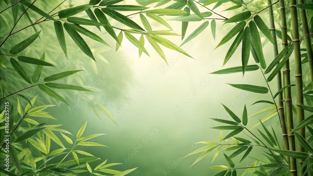 Obraz premium Serene Bamboo Frame Lush Green Leaves and Misty Background, Nature Photography, Zen, Bamboo Forest Bamboo, Zen Garden