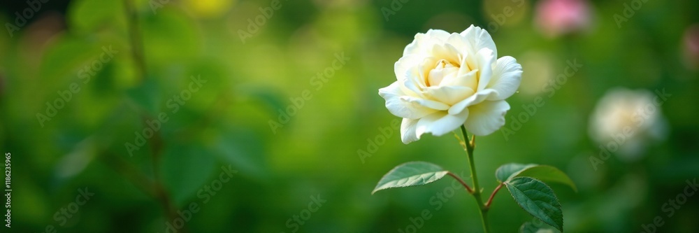 White Midsummer Rose blooming in a lush green garden, garden, botanical White Midsummer Rose blooming in a lush green garden, garden, botanical