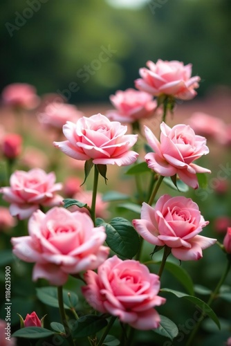 A field of pink roses swaying gently in the breeze with soft focus, botanical garden, pink roses