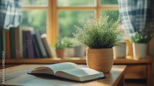 Lush green plants adorn a wooden table with an open book and various decorati...