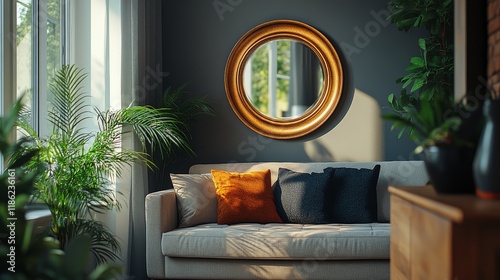 Stylish living room with a cozy couch and a round golden mirror in a bright e...