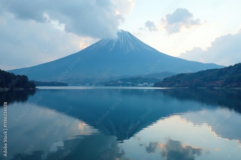 Lake with misty Fuji peak shrouded in clouds and fog, fuji, fuji, peak Lake with misty Fuji peak shrouded in clouds and fog, fuji, fuji, peak