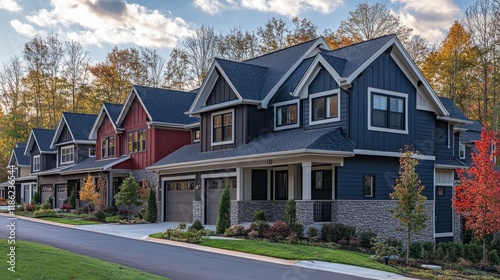 Beautiful residential houses lined up along a quiet street in a suburban neig...