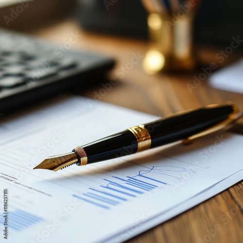 Luxury fountain pen on a financial report with blue charts. Ideal for business, finance, and professional themes. photo