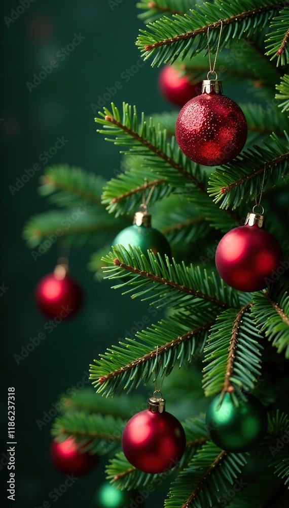 Branches covered in shiny red and green balls, evergreen, ornaments Branches covered in shiny red and green balls, evergreen, ornaments