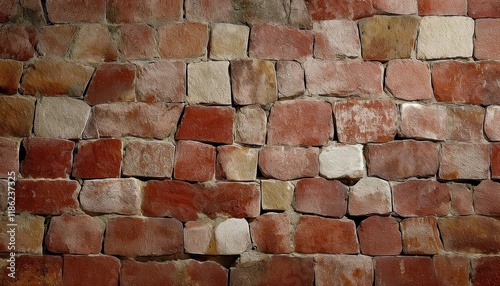 close-up of irregular red sandstone wall with unevenly shaped blocks and rough texture, ideal for architectural background and rustic designs

 photo