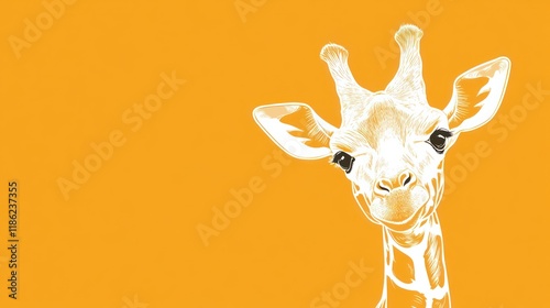 Close-up giraffe head, stylized line art, on bright orange background. photo