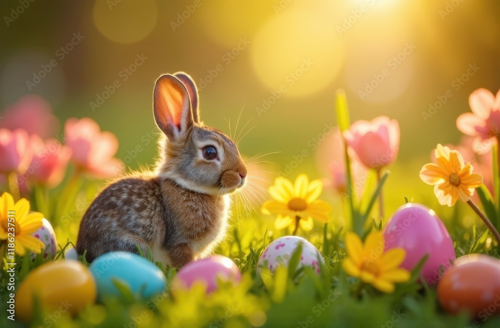 Fototapeta premium Whimsical rabbit in a playful mood surrounded by colorful eggs and flowers in a sunlit garden
