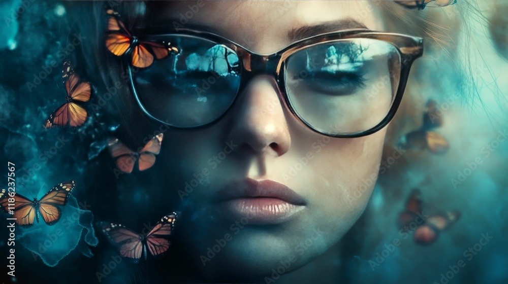 Close up of a woman's face wearing glasses with butterflies fluttering around her. Close up of a woman's face wearing glasses with butterflies fluttering around her.