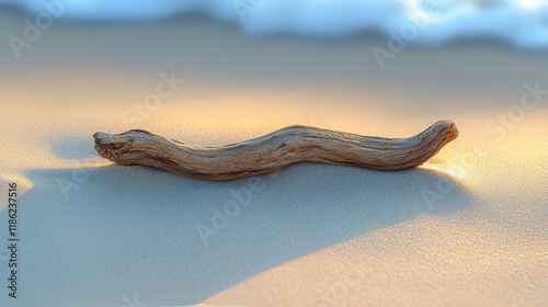 Curved driftwood lying on sandy surface under soft light at beach location
