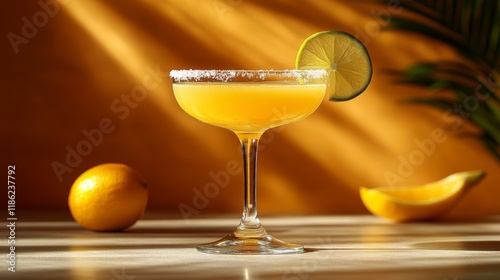 Elegant cocktail served in a glass on a table against a textured orange wall ...