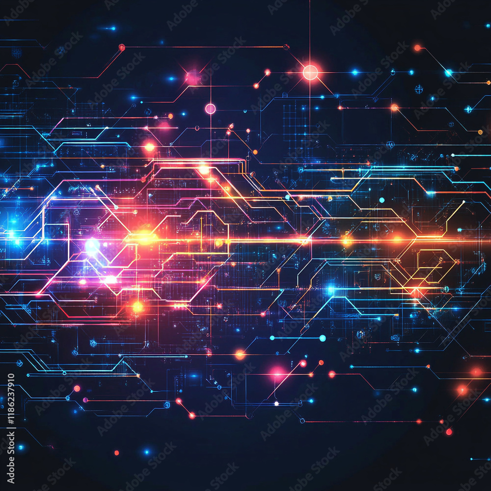 Obraz premium Colorful abstract digital network with glowing lines and circuits at night