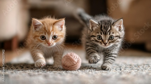 Two playful kittens chase a yarn ball on a cozy living room carpet
