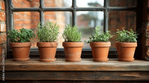 Herb pots arranged on a wooden windowsill with sunlight filtering through gre...