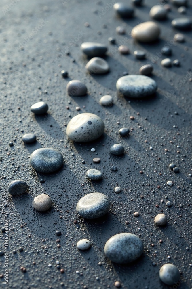 Round pebble stones scattered on a dull gray surface, gray surfaces, stone objects Round pebble stones scattered on a dull gray surface, gray surfaces, stone objects