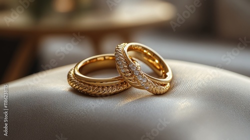 Elegant gold wedding rings placed on soft satin fabric with warm lighting in ...