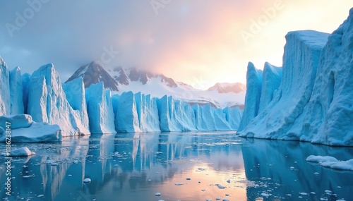 Tall seracs pierce through the sky amidst the Eqip Glacier's icy grandeur, glacier, frozen, Greenland
