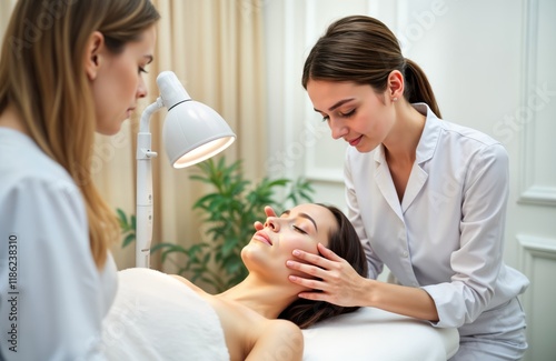 Young woman receives facial treatment. Cosmetologist professionally treats patients face. Pro cosmetology session in medical clinic. Woman lies on treatment table. Healthy wellness, beauty procedure photo