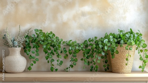 Indoor decor featuring lush green plants in minimalistic pots and a textured ...