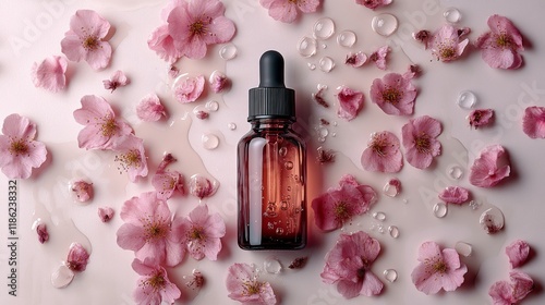 Elegant beauty serum bottle surrounded by soft pink flowers on a tranquil blu...