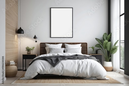 Interior design of room, with blank poster frame, black desk, cozy bed, vase with leaves