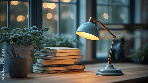Cozy study corner with warm lighting and green plants in the evening