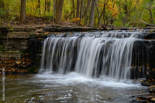 Autumn Waterfall Cascading Through Stone Steps