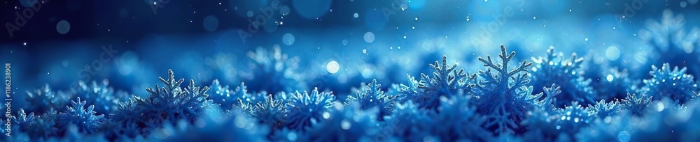 Frosty ice crystals on a dark blue canvas with depth effect, winter, snowflake, blue Frosty ice crystals on a dark blue canvas with depth effect, winter, snowflake, blue