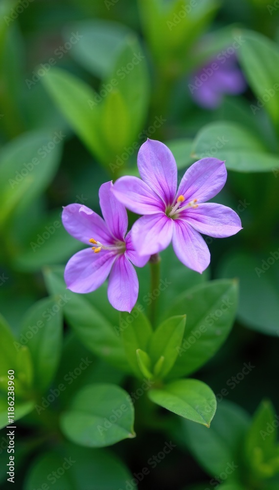 Dainty purple petals resting on top of small green leaves, flowers, , verdant Dainty purple petals resting on top of small green leaves, flowers, , verdant