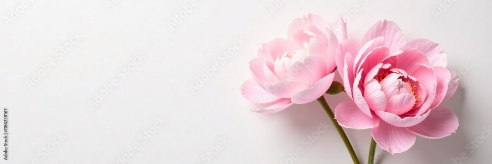 Pastel pink peonies against a soft white background, soft, gentle