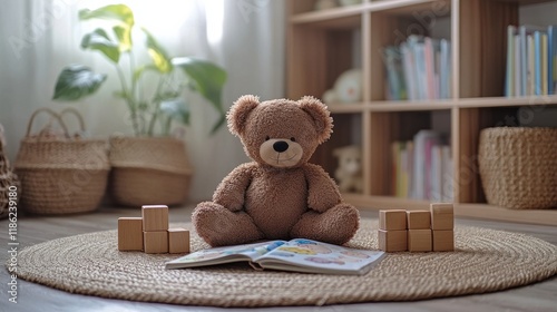 Cozy reading nook with soft cushions and toys bathed in warm sunlight in a ga...