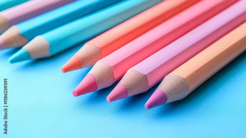 Colorful art supplies arranged in a creative display on a blue background in bright daylight Colorful art supplies arranged in a creative display on a blue background in bright daylight