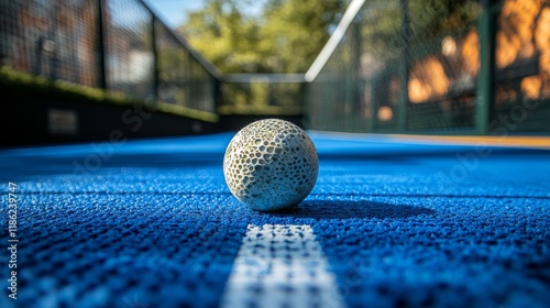 Focus on a unique textured ball on a vibrant blue sports court under bright s...