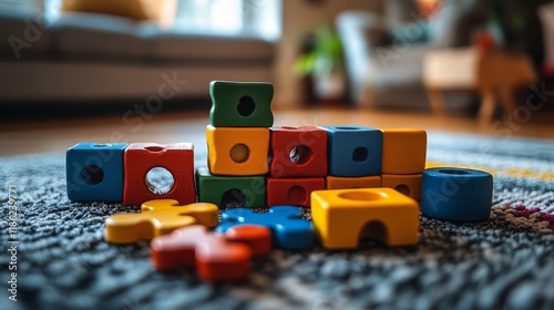 Colorful puzzle pieces on a light blue wooden surface during playtime