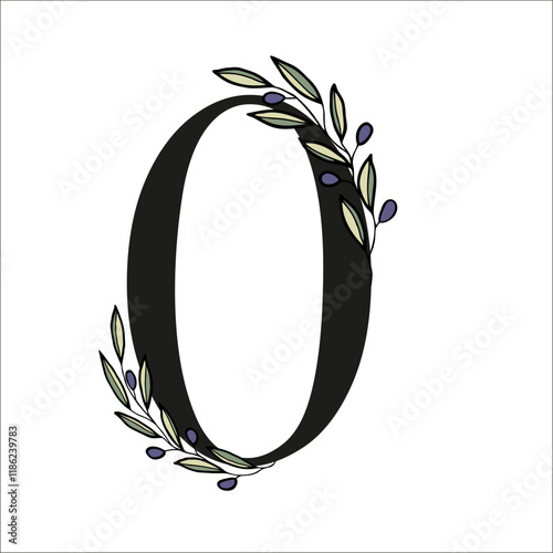 Olive branch alphabet number for decor of card or wedding invite. Vector hand drawn illustration for design