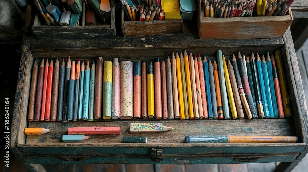 Colorful pencils neatly arranged in a wooden drawer. Colorful pencils neatly arranged in a wooden drawer.