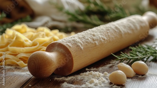Rolling pin with flour and fresh pasta ingredients on a wooden table in a coz...